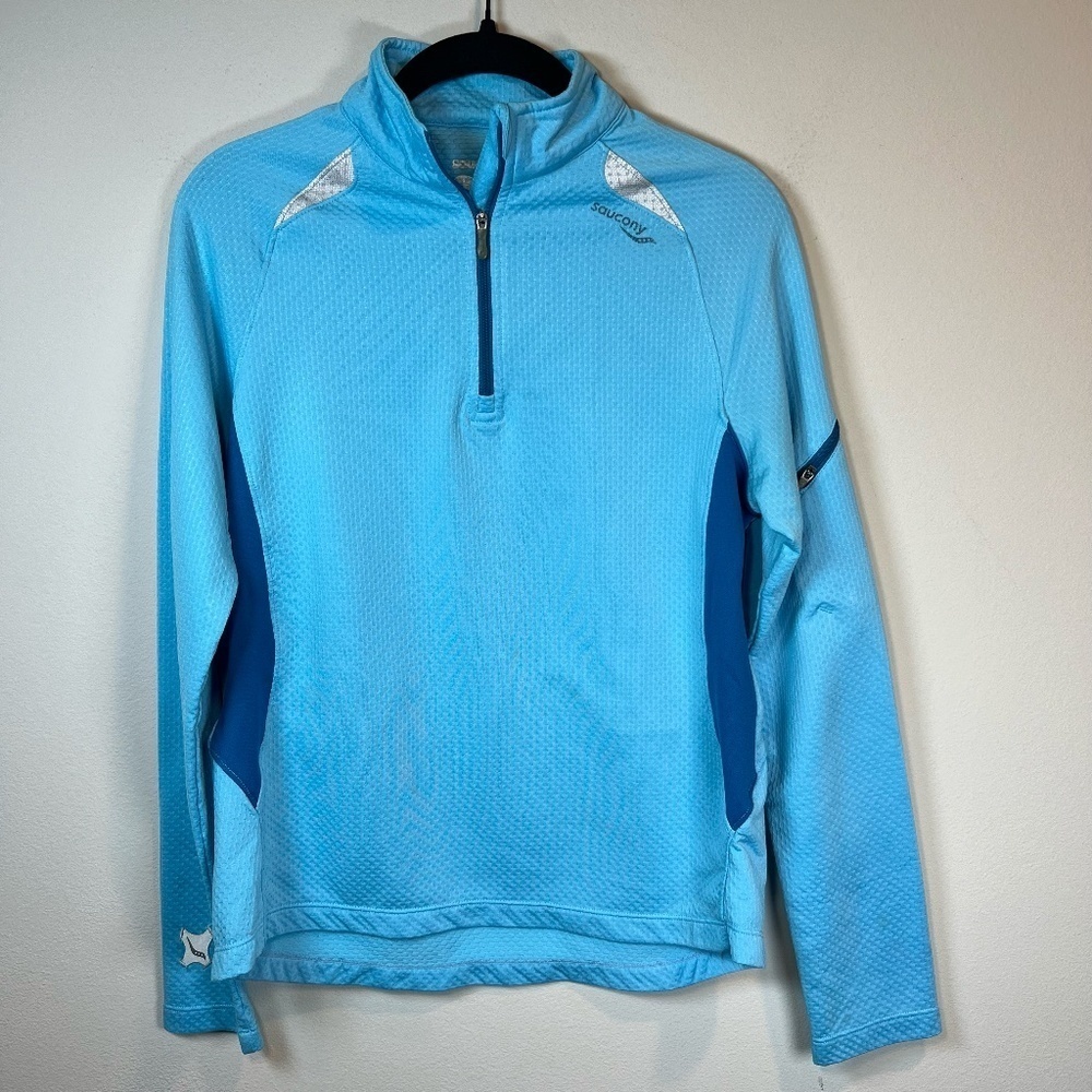 Saucony Athletic 1/4 Zip Pullover Shirt Blue Running Reflective Zip Pocket Small